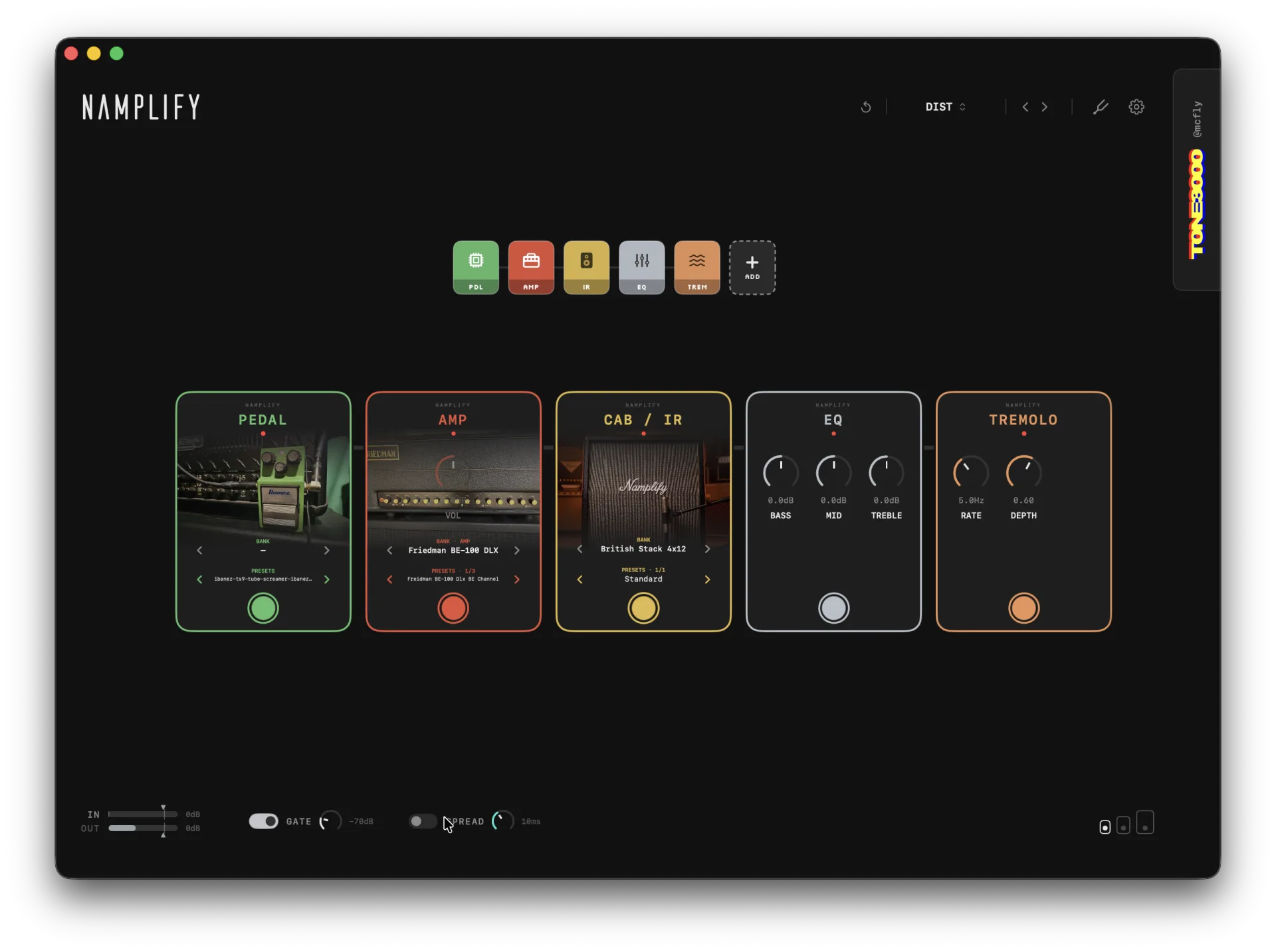 NAMplify app window: top bar with input, gate, stereo spread, output and tuner — below it the pedalboard with drive, a Tube Screamer pedal capture, NAM amp with Victory rig, Marshall cab/IR, EQ and tremolo as stompboxes