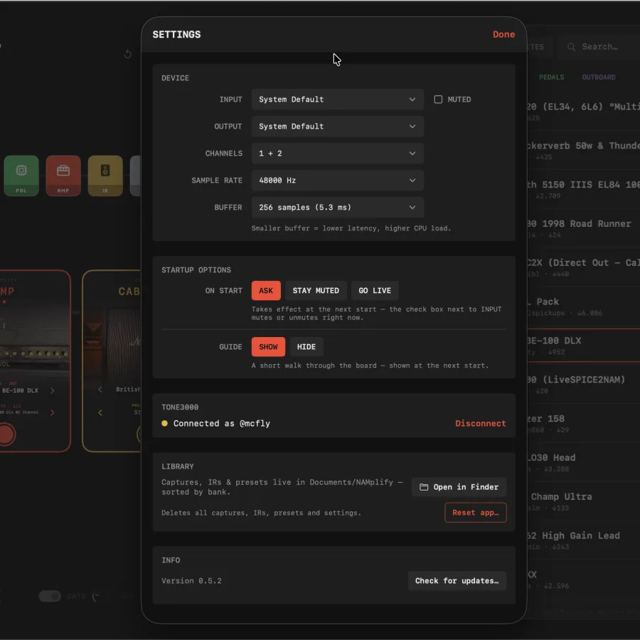 Settings panel with audio device, buffer size and TONE3000 account