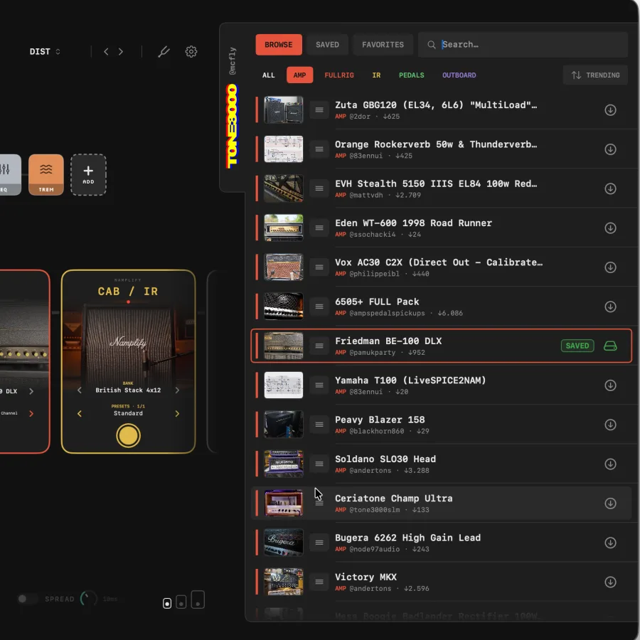 TONE3000 browser inside NAMplify listing amp captures, full rigs, pedals and IRs