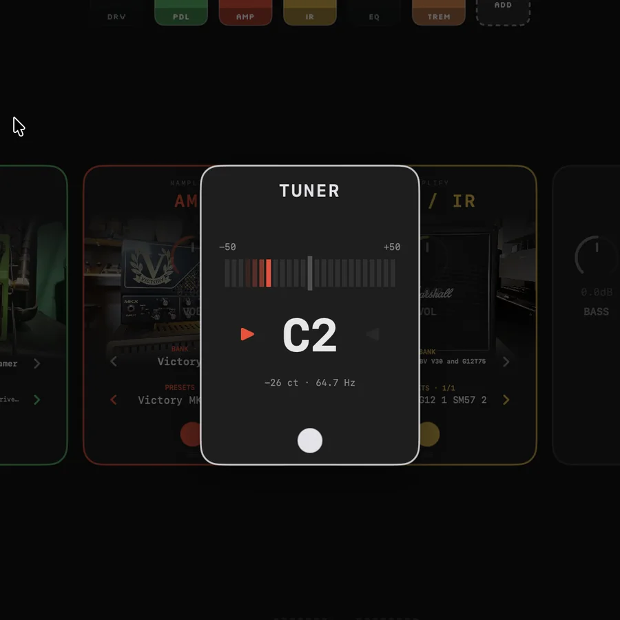 Tuner overlay centered over the dimmed pedalboard: segment meter with a wandering cursor, big note readout and cents/Hz line